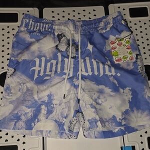 Blue Graphic Athletic Men’s Shorts with Cloud & Butterfly Print